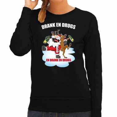 Foute kerstsweater / verkleedkleding drank en drugs zwart voor dames