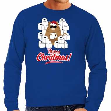 Foute kerstsweater / verkleedkleding met hamsterende kat merry christmas blauw voor heren