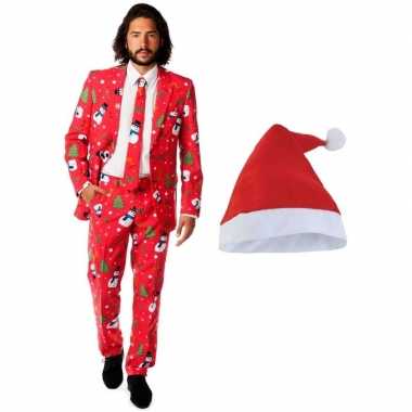 Heren opposuits kerst verkleedkleding rood met kerstmuts maat 50 (l)