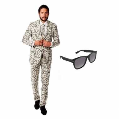 Heren verkleedkleding met dollar print maat 52 (xl) met gratis zonneb