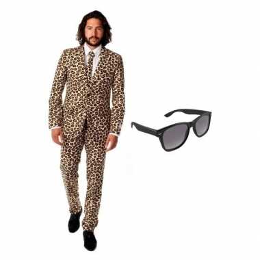 Heren verkleedkleding met luipaard print maat 56 (3xl) met gratis zon