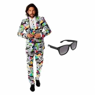 Heren verkleedkleding met televisie print maat 54 (2xl) met gratis zo