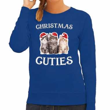 Kitten kerst sweater / verkleedkleding christmas cuties blauw voor dames