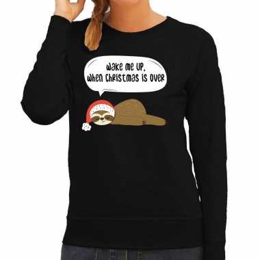 Luiaard kerstsweater / verkleedkleding wake me up when christmas is over zwart voor dames