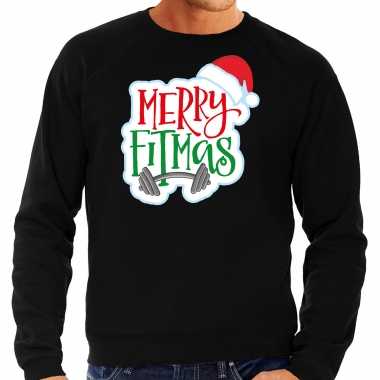 Merry fitmas kerstsweater / verkleedkleding zwart voor heren