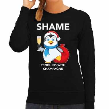 Pinguin kerstsweater / verkleedkleding shame penguins with champagne zwart voor dames
