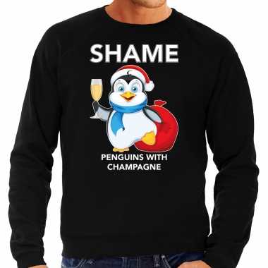 Pinguin kerstsweater / verkleedkleding shame penguins with champagne zwart voor heren