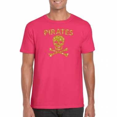 Piraten shirt / foute party verkleed verkleedkleding / verkleedkleding goud glitter roze heren
