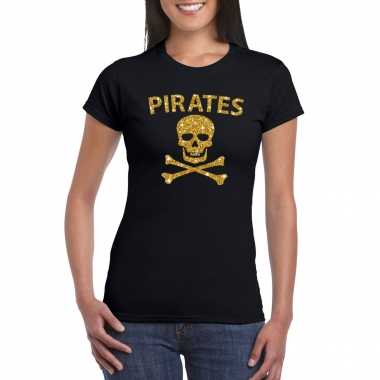 Piraten shirt / foute party verkleed verkleedkleding / verkleedkleding goud glitter zwart dames