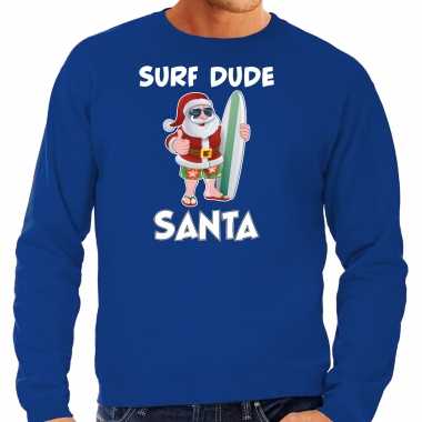 Surf dude santa fun kerstsweater / verkleedkleding blauw voor heren