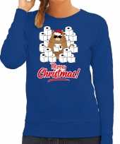 Foute kerstsweater verkleedkleding met hamsterende kat merry christmas blauw voor dames