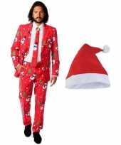 Heren opposuits kerst verkleedkleding rood met kerstmuts maat 56 3xl