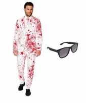 Heren verkleedkleding met bloed print maat 50 l met gratis zonnebri
